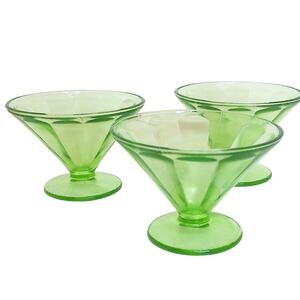 Vintage Federal Green Vaseline Uranium Sherbet Sundae Glass SET OF 3
